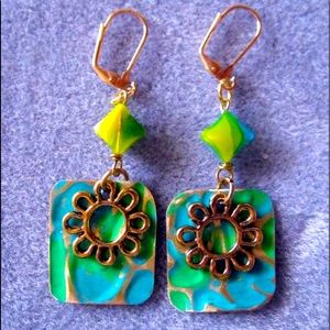 Artisan Made Metal Boho Earrings Green Gold Tone